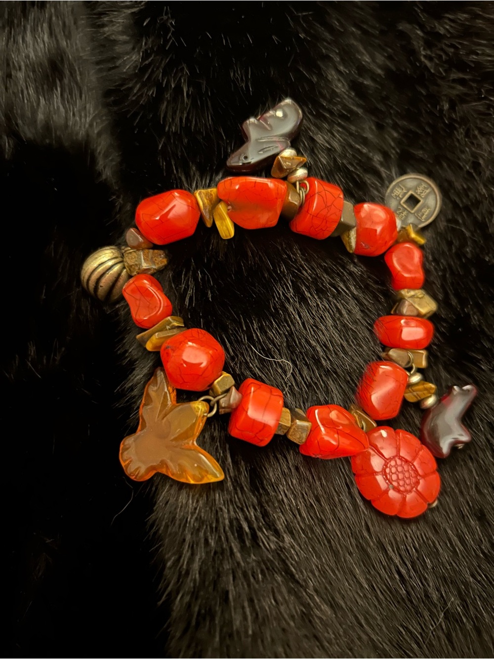 Red stone like Beaded Charm Bracelet - stretchy Women Jewelry